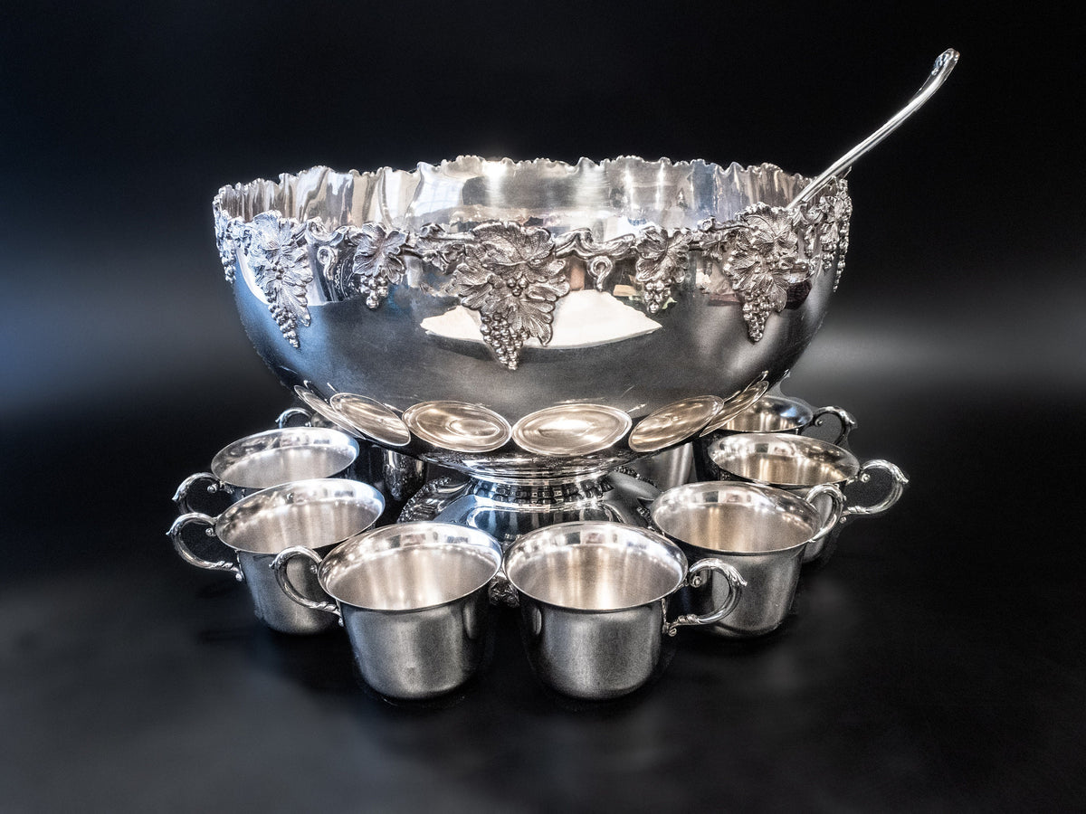 Silver Plate Punch Bowl Set With 12 Cups And Ladle Vintage By