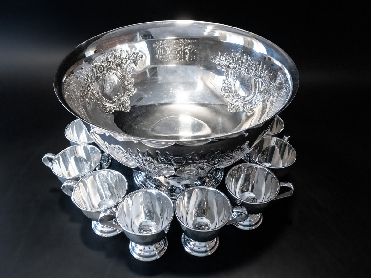 Vintage Silver Plate Punch Bowl Set With 10 Cups Repousse InventifDesigns