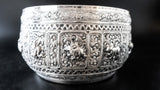 Large Burmese Thai Silver Offering Bowl Repousse Zodiac 1860