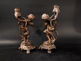 Pair Bronze Cherubs Candle Holders Candlesticks Putti