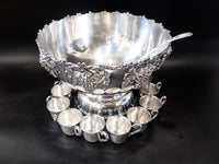 XL Silver Plate Punch Bowl Set Beverage Chiller With 12 Cups Silver And Silverplate