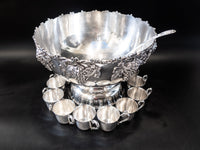 XL Silver Plate Punch Bowl Set Beverage Chiller With 12 Cups