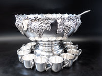 XL Silver Plate Punch Bowl Set Beverage Chiller With 12 Cups Silver And Silverplate