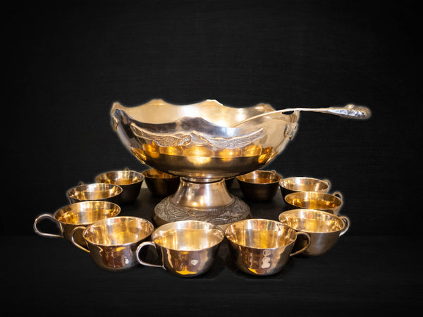 Vintage Brass Punch Bowl Set With 12 Cups and Ladle Gold