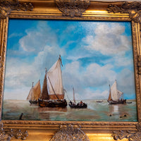 Gold Framed Oil Painting Dutch Smalschips And Rowboat Antique Style Hand Painted