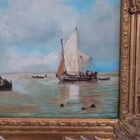 Gold Framed Oil Painting Dutch Smalschips And Rowboat Antique Style Hand Painted