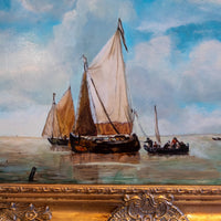 Gold Framed Oil Painting Dutch Smalschips And Rowboat Antique Style Hand Painted