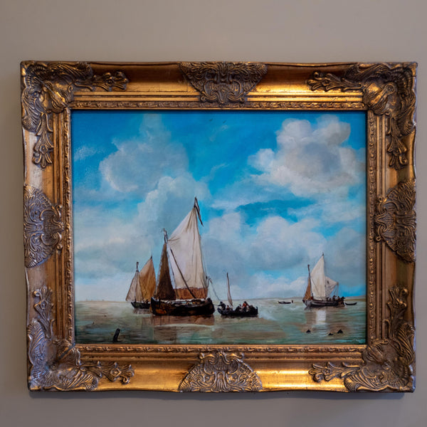 Gold Framed Oil Painting Dutch Smalschips And Rowboat Antique Style Hand Painted