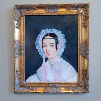 Antique Painting Portrait Young Woman With Frilly Bonnet Gilded Framed