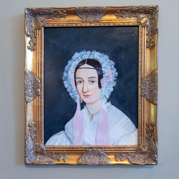Antique Painting Portrait Young Woman With Frilly Bonnet Gilded Framed