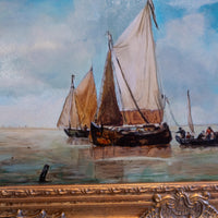 Gold Framed Oil Painting Dutch Smalschips And Rowboat Antique Style Hand Painted