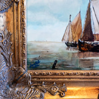 Gold Framed Oil Painting Dutch Smalschips And Rowboat Antique Style Hand Painted