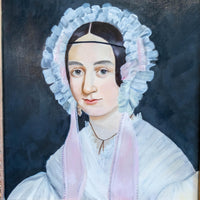 Antique Painting Portrait Young Woman With Frilly Bonnet Gilded Framed