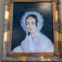 Antique Painting Portrait Young Woman With Frilly Bonnet Gilded Framed