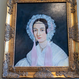 Antique Painting Portrait Young Woman With Frilly Bonnet Gilded Framed