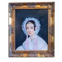 Antique Painting Portrait Young Woman With Frilly Bonnet Gilded Framed