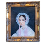 Antique Painting Portrait Young Woman With Frilly Bonnet Gilded Framed