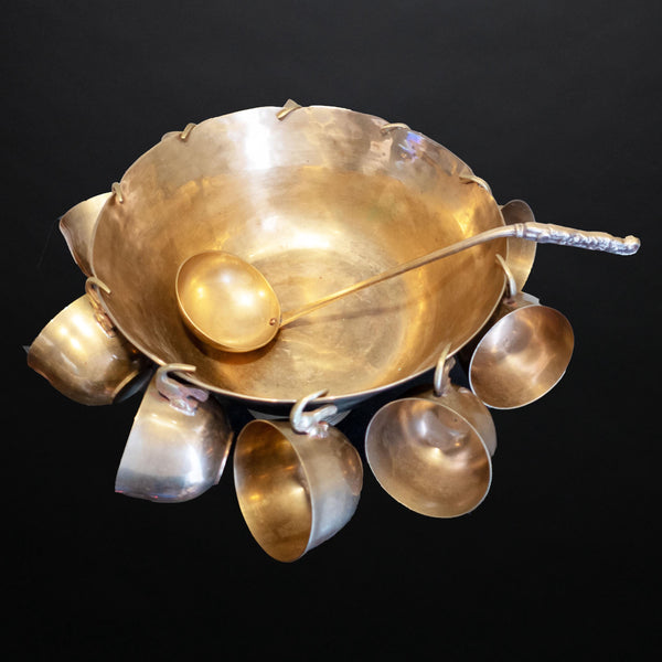 Vintage Brass Punch Bowl Set With 10 Cups and Ladle Gold