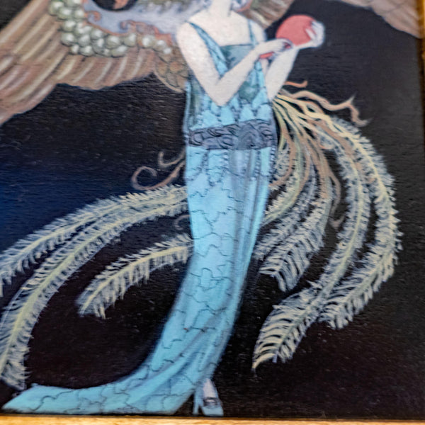 Art Deco Woman Oil Painting, Gilded Framed Blue Gown Wall Art, Georges Barbier Inspired Art Deco Woman Oil Painting, Gilded Framed Blue Gown Wall Art, Georges Barbier Inspired