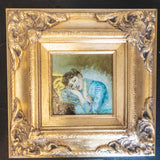 Hand Painted Portrait Oil Painting Woman in Blue Gown Gold Gilded Frame