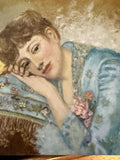 Hand Painted Portrait Oil Painting Woman in Blue Gown Gold Gilded Frame