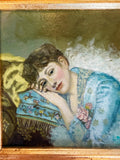 Hand Painted Portrait Oil Painting Woman in Blue Gown Gold Gilded Frame