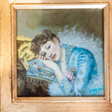 Hand Painted Portrait Oil Painting Woman in Blue Gown Gold Gilded Frame