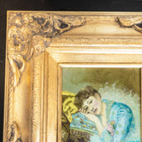 Hand Painted Portrait Oil Painting Woman in Blue Gown Gold Gilded Frame