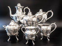 Antique Silverplate Tea Set Medallion Portrait Coffee Service 1800s