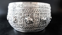 Large Burmese Thai Silver Offering Bowl Repousse Zodiac 1860