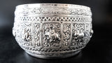 Large Burmese Thai Silver Offering Bowl Repousse Zodiac 1860