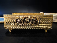 Ormolu Gold Filigree Vanity Set Mirror Perfume Tray Tissue Box Towel Holder