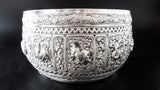 Large Burmese Thai Silver Offering Bowl Repousse Zodiac 1860