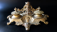 Antique Bronze Double Inkwell Figural Face Louis XV Style