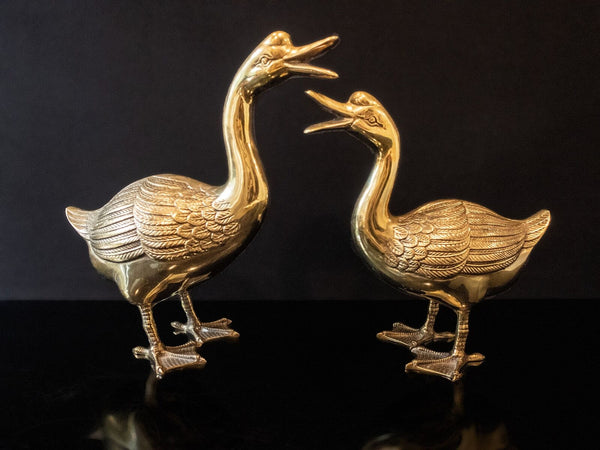 Vintage Large Brass Pair Honking Goose Geese Sculptures Doorstops