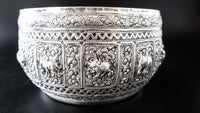 Large Burmese Thai Silver Offering Bowl Repousse Zodiac 1860