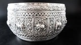 Large Burmese Thai Silver Offering Bowl Repousse Zodiac 1860