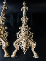 Antique French Brass Andirons Chenets Lion And Dragon Gothic