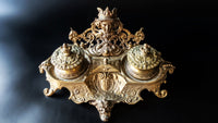 Antique Bronze Double Inkwell Figural Face Louis XV Style