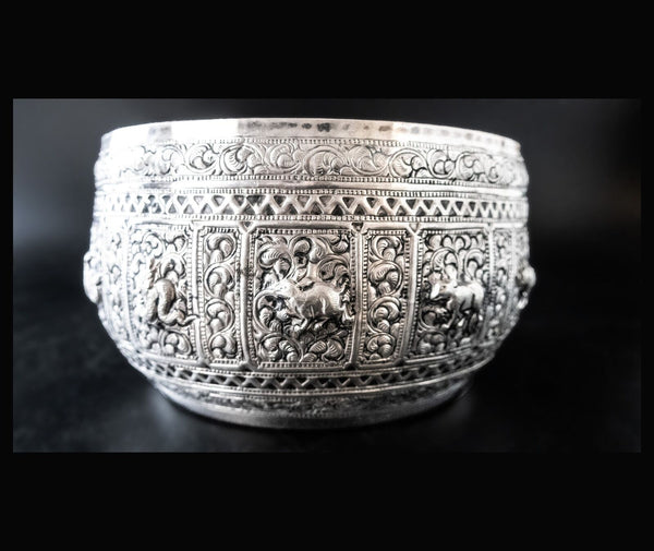 Large Burmese Thai Silver Offering Bowl Repousse Zodiac 1860