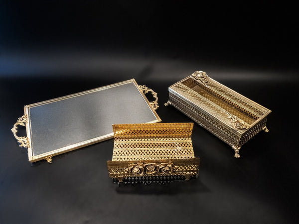 Ormolu Gold Filigree Vanity Set Mirror Perfume Tray Tissue Box Towel Holder