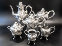 Antique Silverplate Tea Set Medallion Portrait Coffee Service 1800s