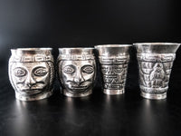 Coin Silver Repoussé Tribal Cups Set Of Four 900 Silver