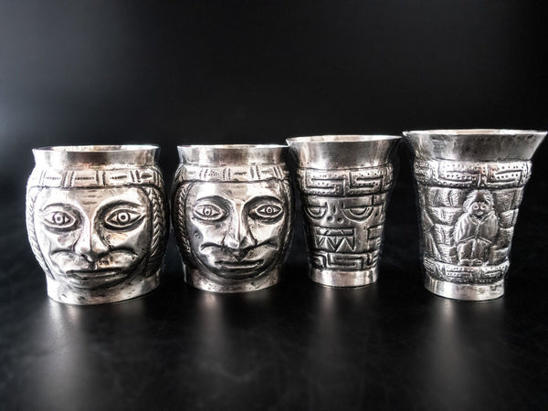 Coin Silver Repoussé Tribal Cups Set Of Four 900 Silver