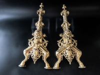 Antique French Brass Andirons Chenets Lion And Dragon Gothic
