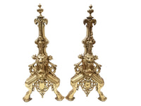Antique French Brass Andirons Chenets Lion And Dragon Gothic