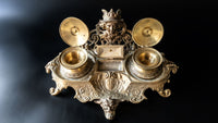 Antique Bronze Double Inkwell Figural Face Louis XV Style