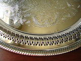Vintage Silver Plate Tray Pierced Cut Out Design Round Engraved 1978 Gallery Tray