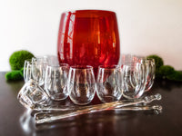 Vintage Punch Bowl Set Ruby Red Blown Glass With 12 Glasses Ladle And Stirring Stick Unique Set
