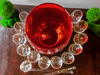Vintage Punch Bowl Set Ruby Red Blown Glass With 12 Glasses Ladle And Stirring Stick Unique Set